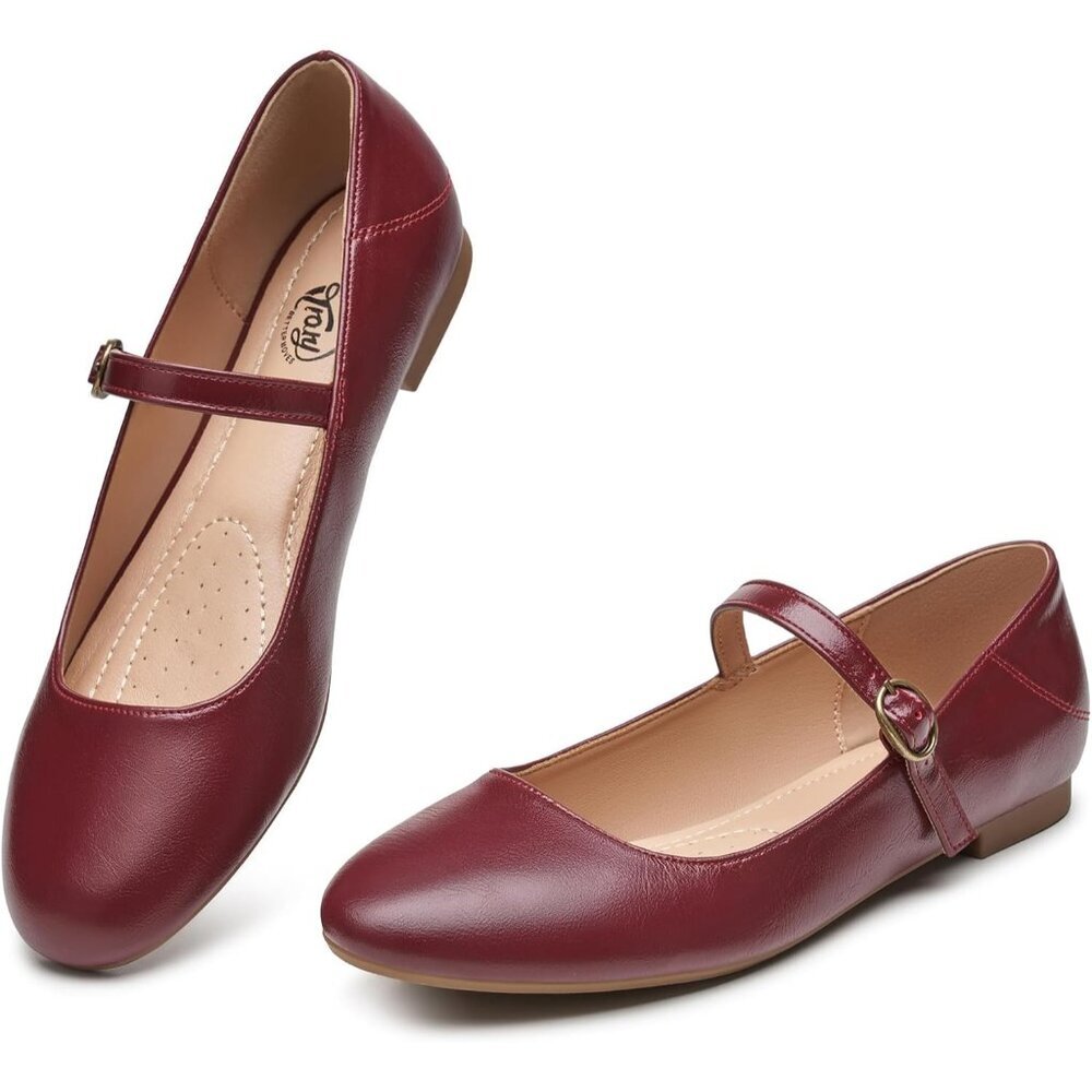 Trary Women Burgundy Leather Round Toe Mary Jane Ankle Strap Ballet Flats Shoes